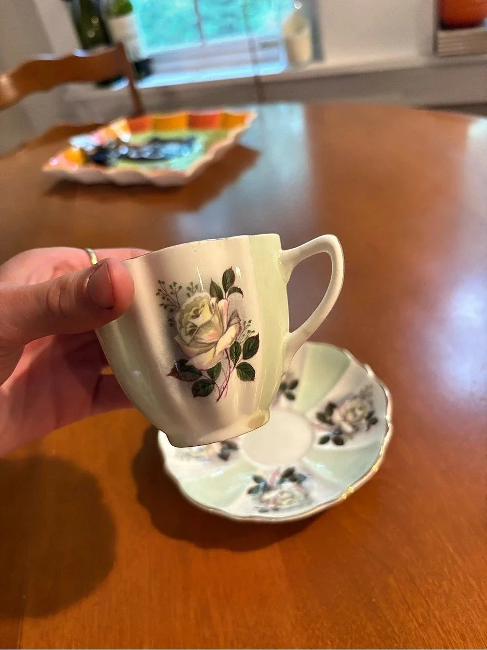 Grosvenor Floral Teacup and Saucer Cream & Green
